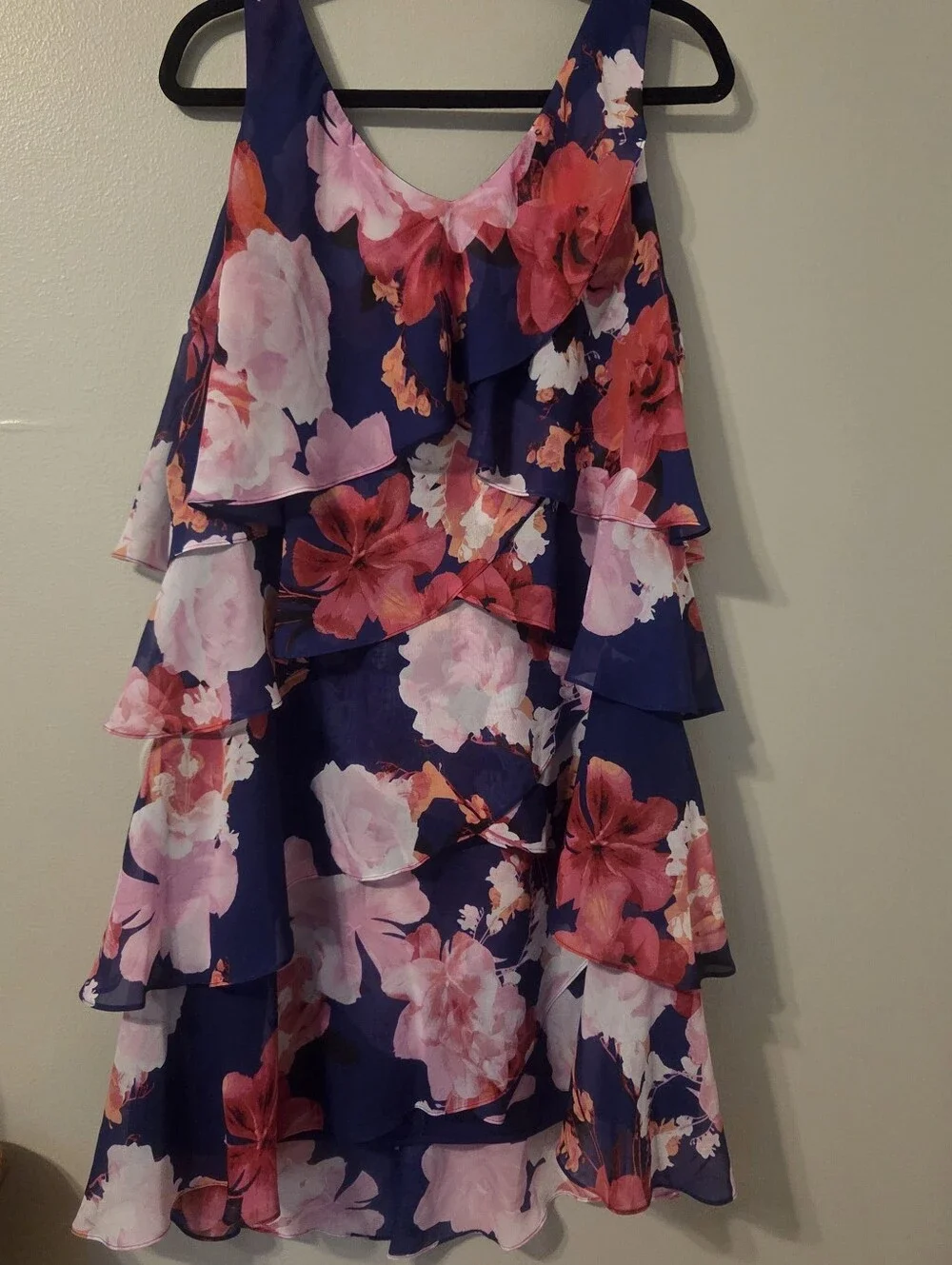 SLNY Blue Multicolor Ruffle Sleeveless Party Dinner Evening Dress Sz 16 Zip - Picture 1 of 6